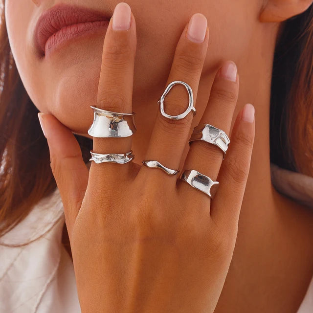 Ingemark 6Pcs/Set Punk Irregular Hollow Folded Metal Cuff Rings for Women Vintage Geometric Adjustable Open Finger Rings Jewelry - Veloura
