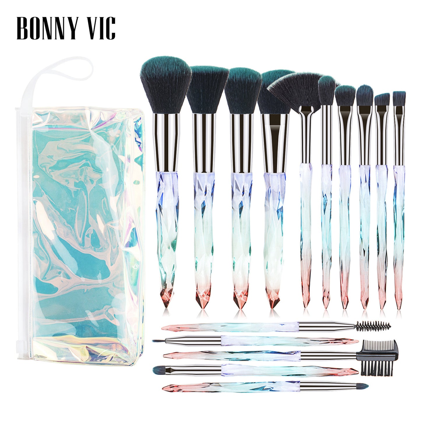 15 pcs Makeup Brushes Diamond Crystal Handle Makeup Tools Foundation Eyeshadow Brush - Veloura