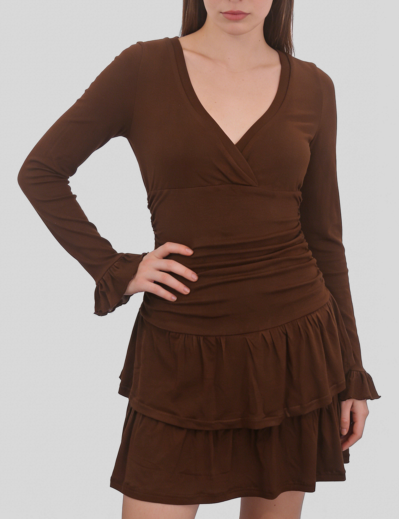 Brown retro V-neck multi-layered ruffle mini dress by eprolo