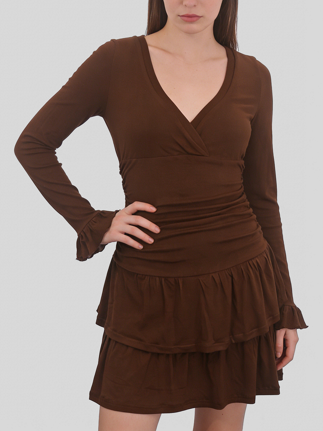 Brown retro V-neck multi-layered ruffle mini dress by eprolo