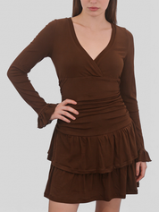 Brown retro V-neck multi-layered ruffle mini dress by eprolo