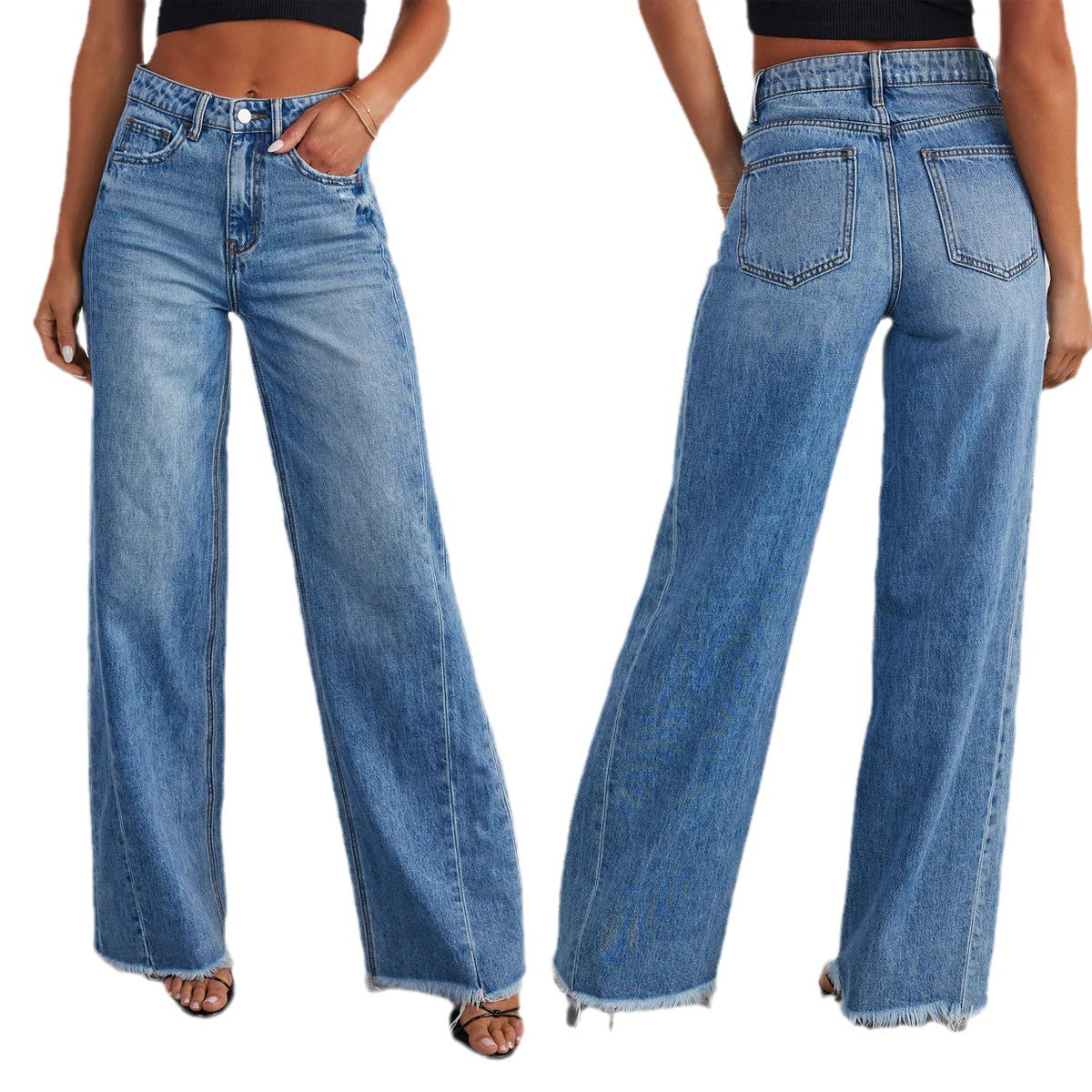 Loose wide leg side seam splicing, brushed hem denim jeans for women by eprolo