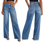 Loose wide leg side seam splicing, brushed hem denim jeans for women by eprolo