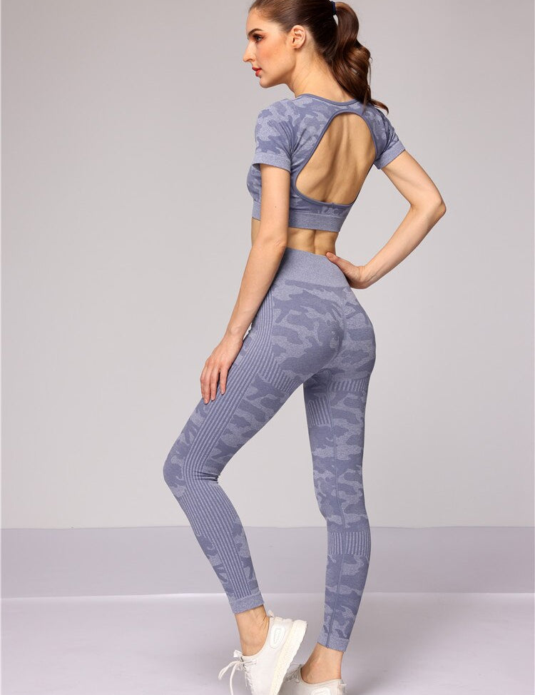 Women Seamless Yoga Set Gym Clothing Sport Set Tracksuit Leopard Backless Top Fitness Leggings Sportwear by eprolo