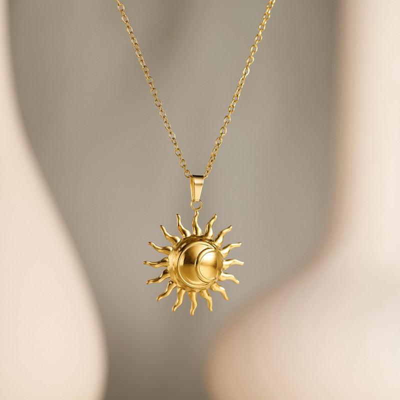 Cross-Border Popular Stainless Steel Necklace With 18K Gold Plated Flower, Sun, Heart, Geometric Lines Pendant, Clavicle Chain Jewelry