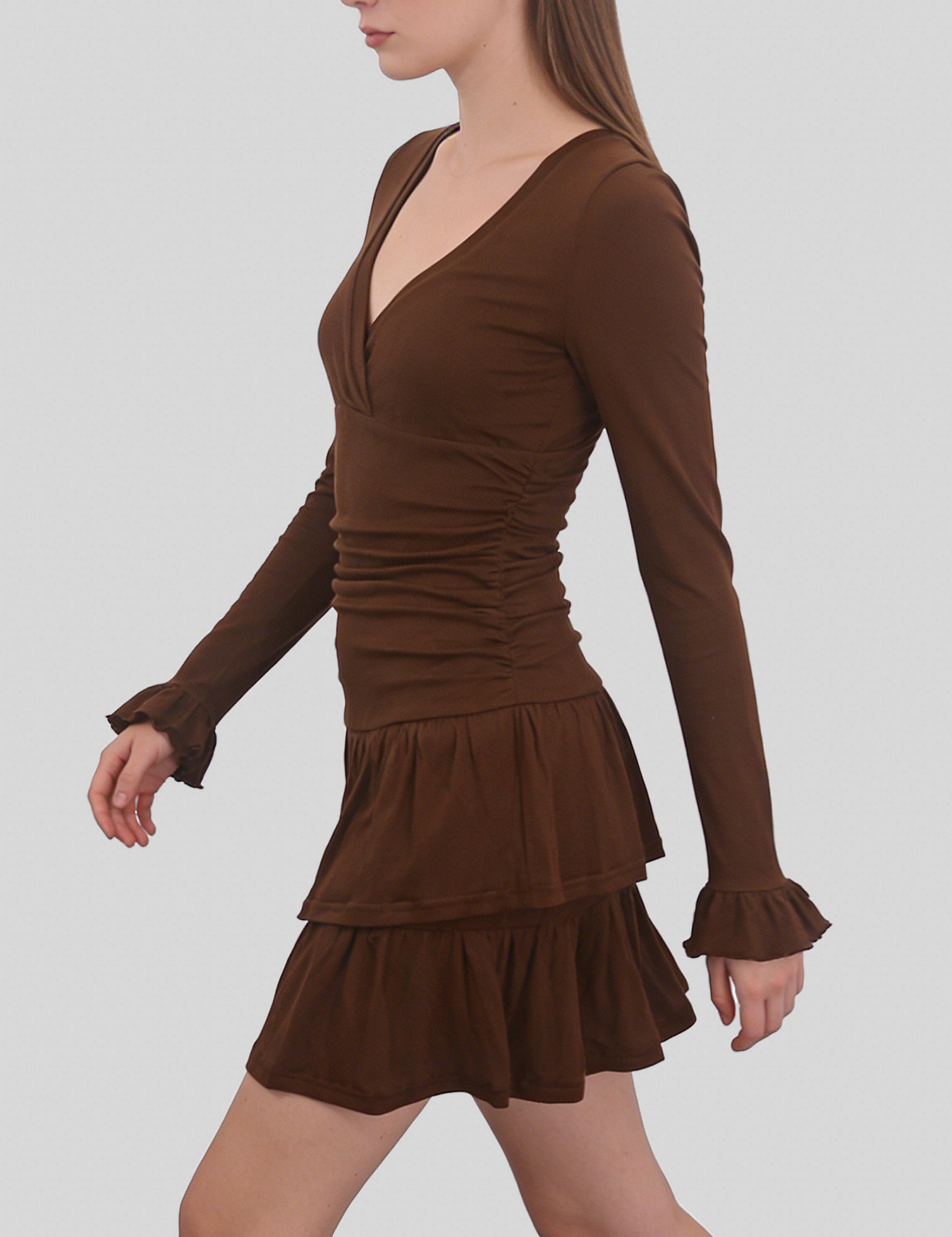 Brown retro V-neck multi-layered ruffle mini dress by eprolo