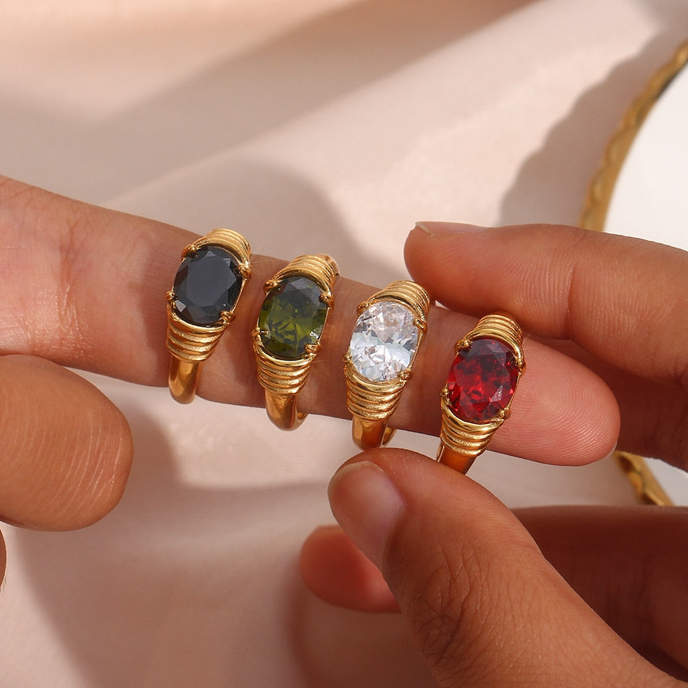 Strong Prong Setting Oval Cutt 3A Zircon Shiny Green Red Black White Stone Ring Stainless Steel 18K Gold Plated Rings For Women - Veloura