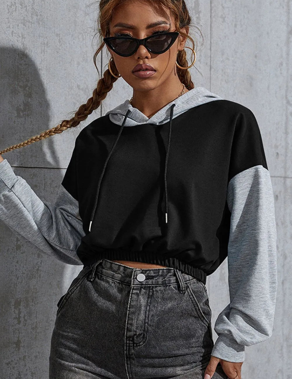 Contrast Long Sleeve Cropped Hoodie by eprolo