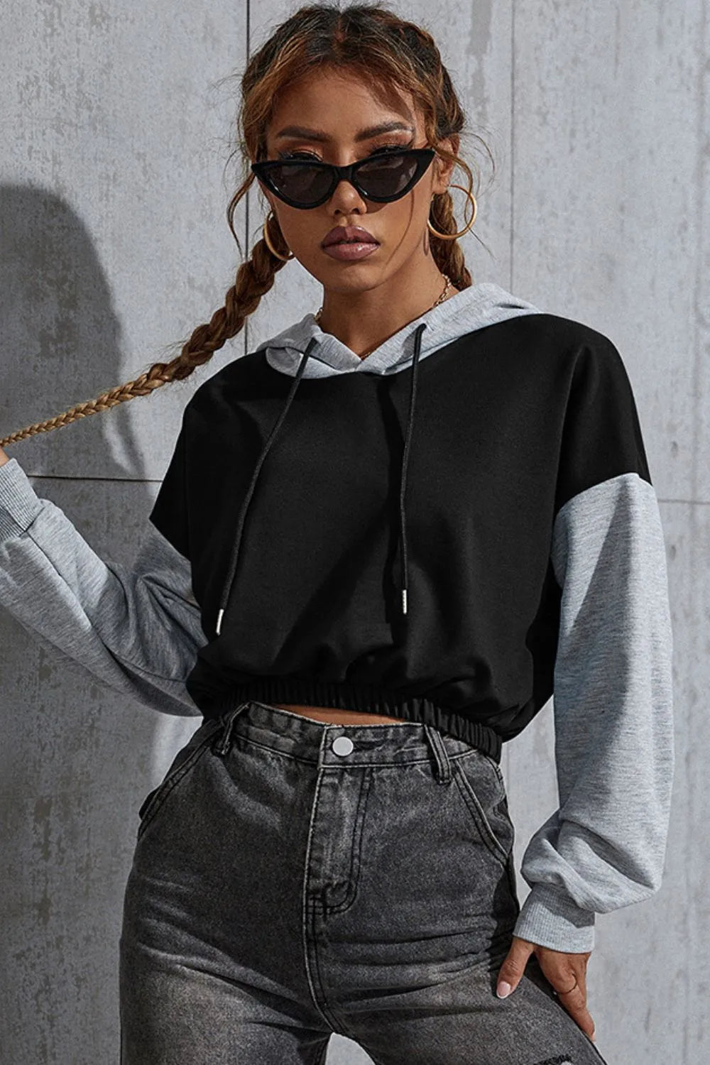 Contrast Long Sleeve Cropped Hoodie by eprolo
