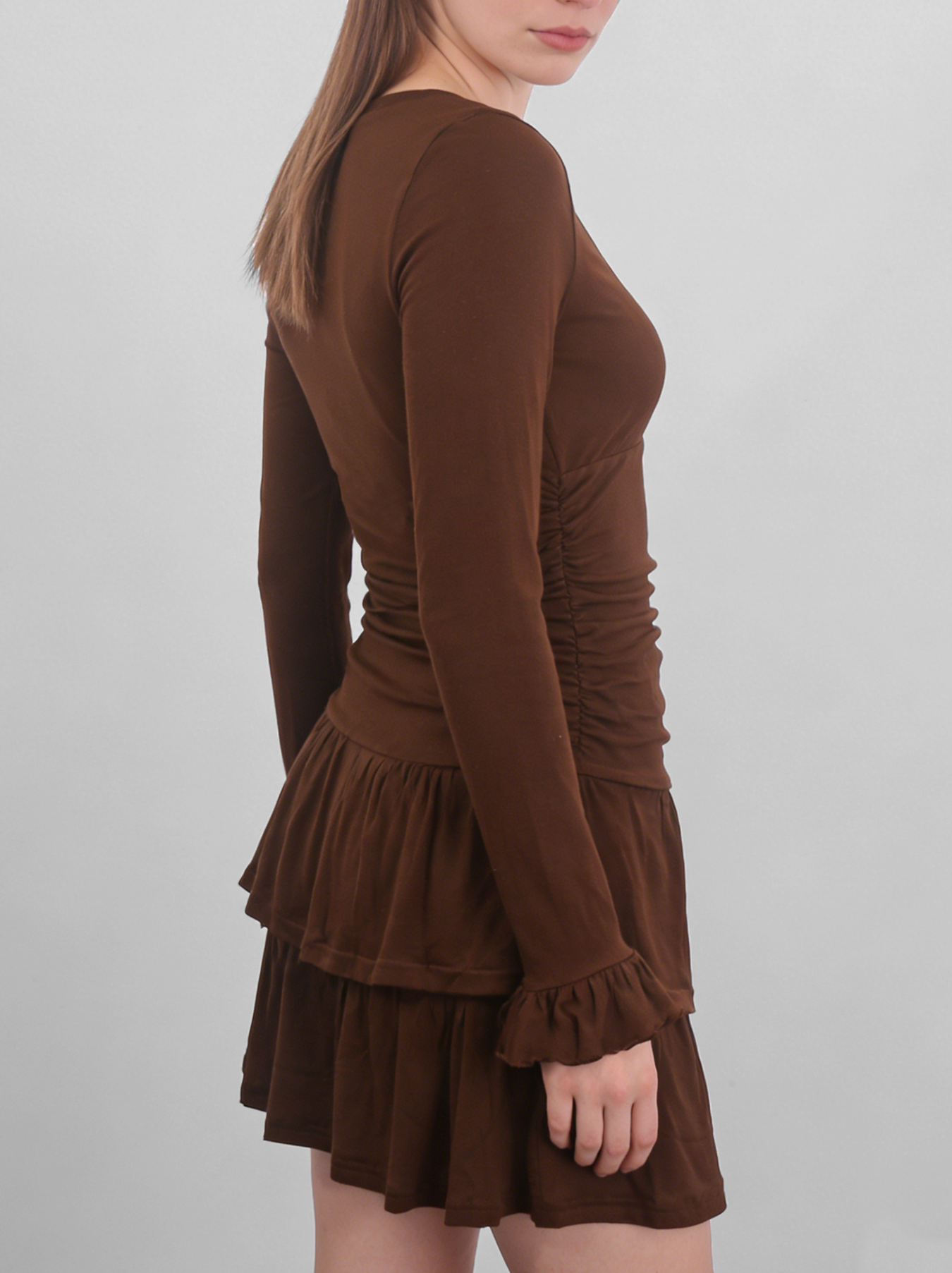 Brown retro V-neck multi-layered ruffle mini dress by eprolo