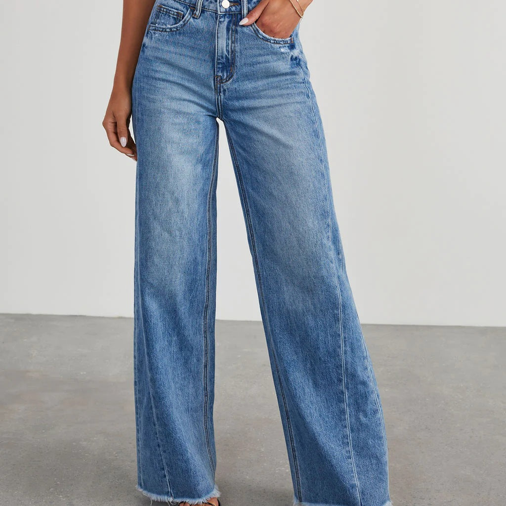 Loose wide leg side seam splicing, brushed hem denim jeans for women by eprolo