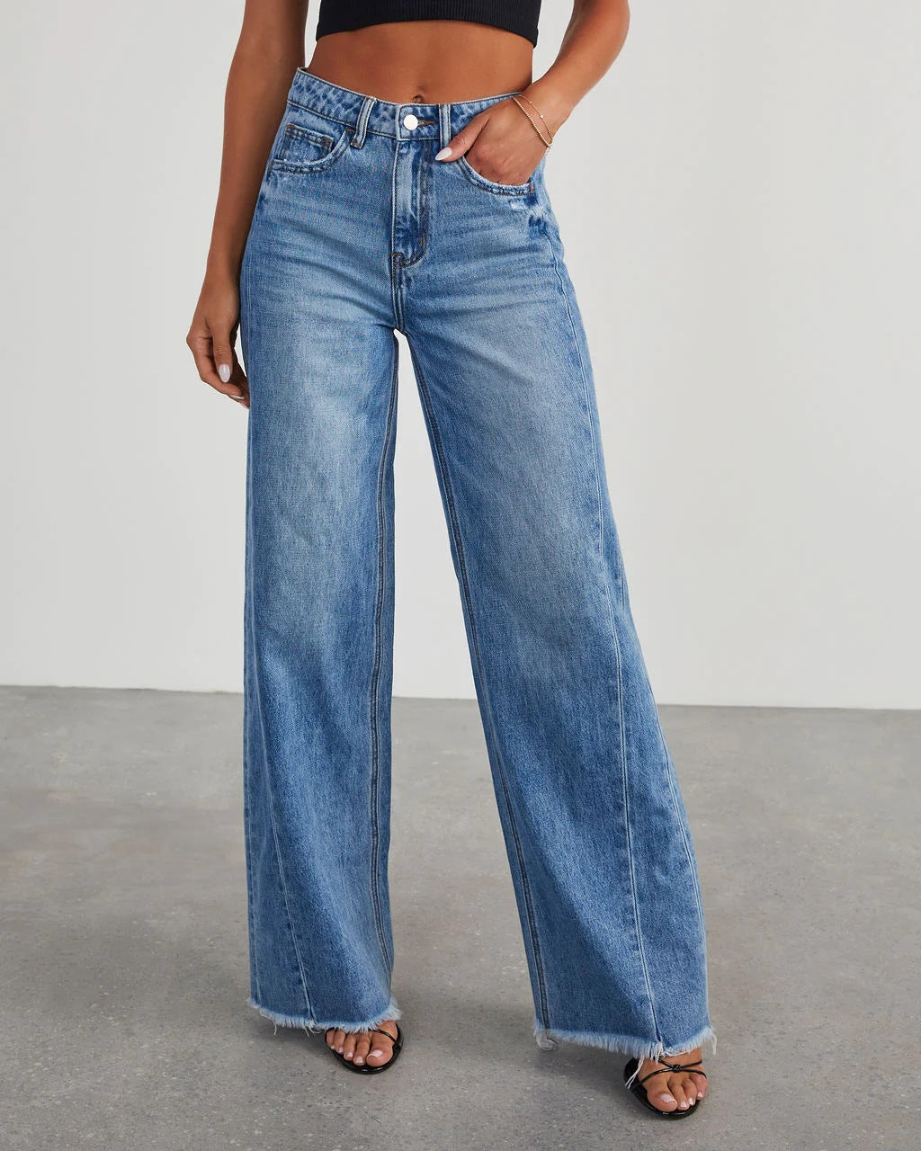 Loose wide leg side seam splicing, brushed hem denim jeans for women by eprolo