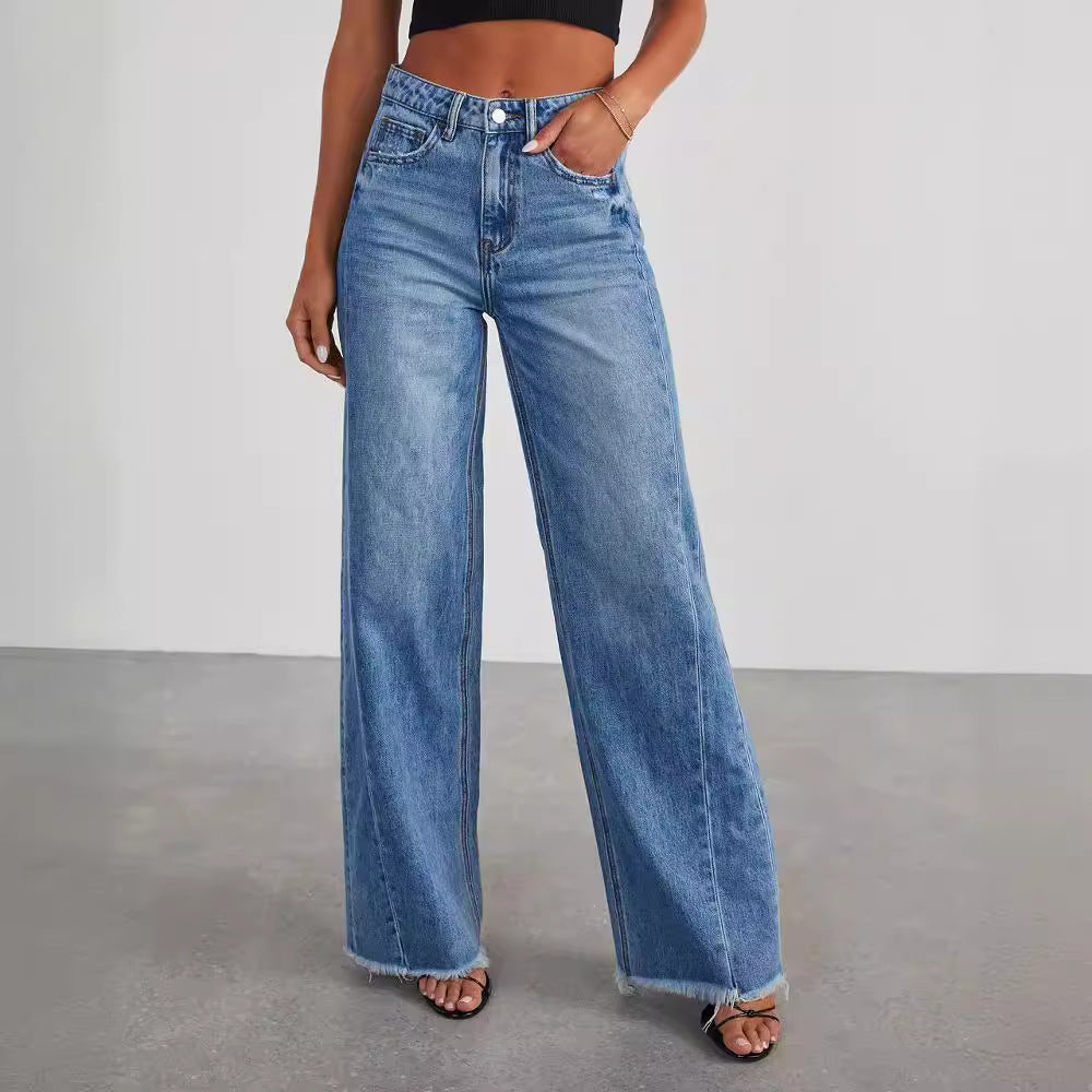 Loose wide leg side seam splicing, brushed hem denim jeans for women by eprolo