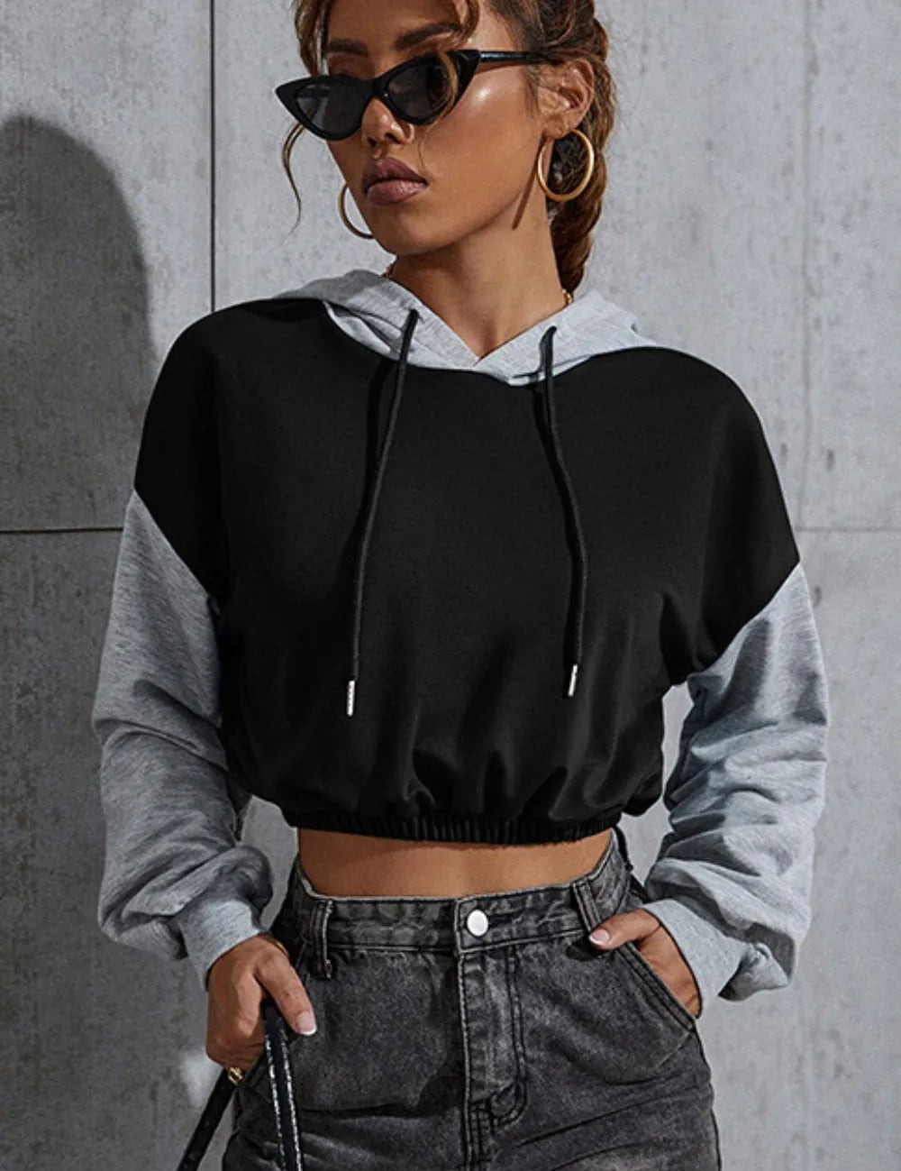 Contrast Long Sleeve Cropped Hoodie by eprolo