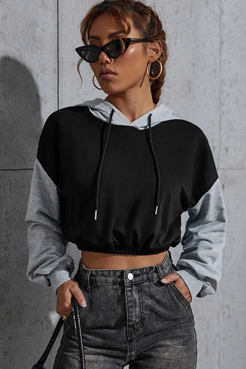 Contrast Long Sleeve Cropped Hoodie by eprolo
