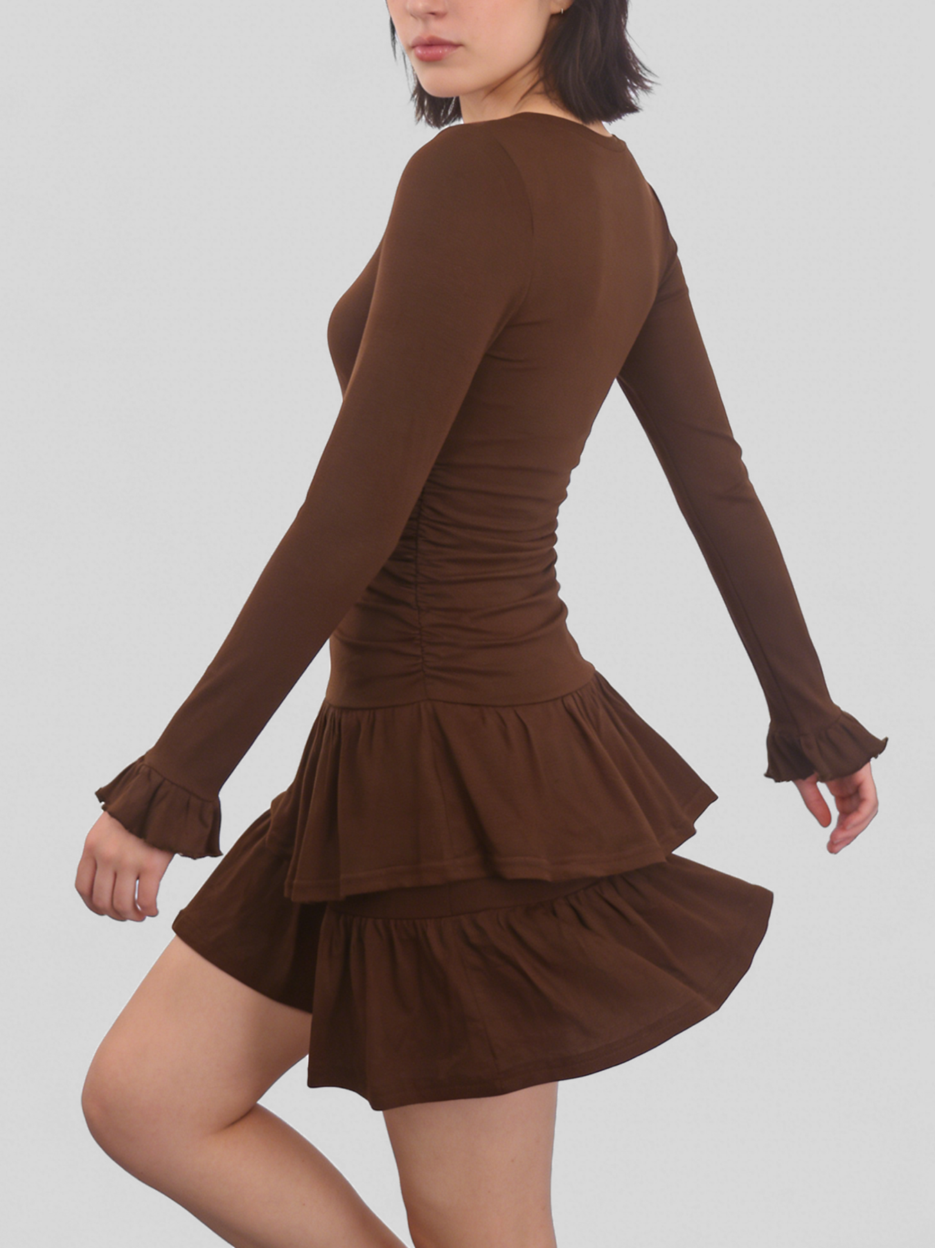 Brown retro V-neck multi-layered ruffle mini dress by eprolo