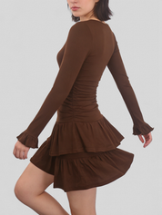 Brown retro V-neck multi-layered ruffle mini dress by eprolo