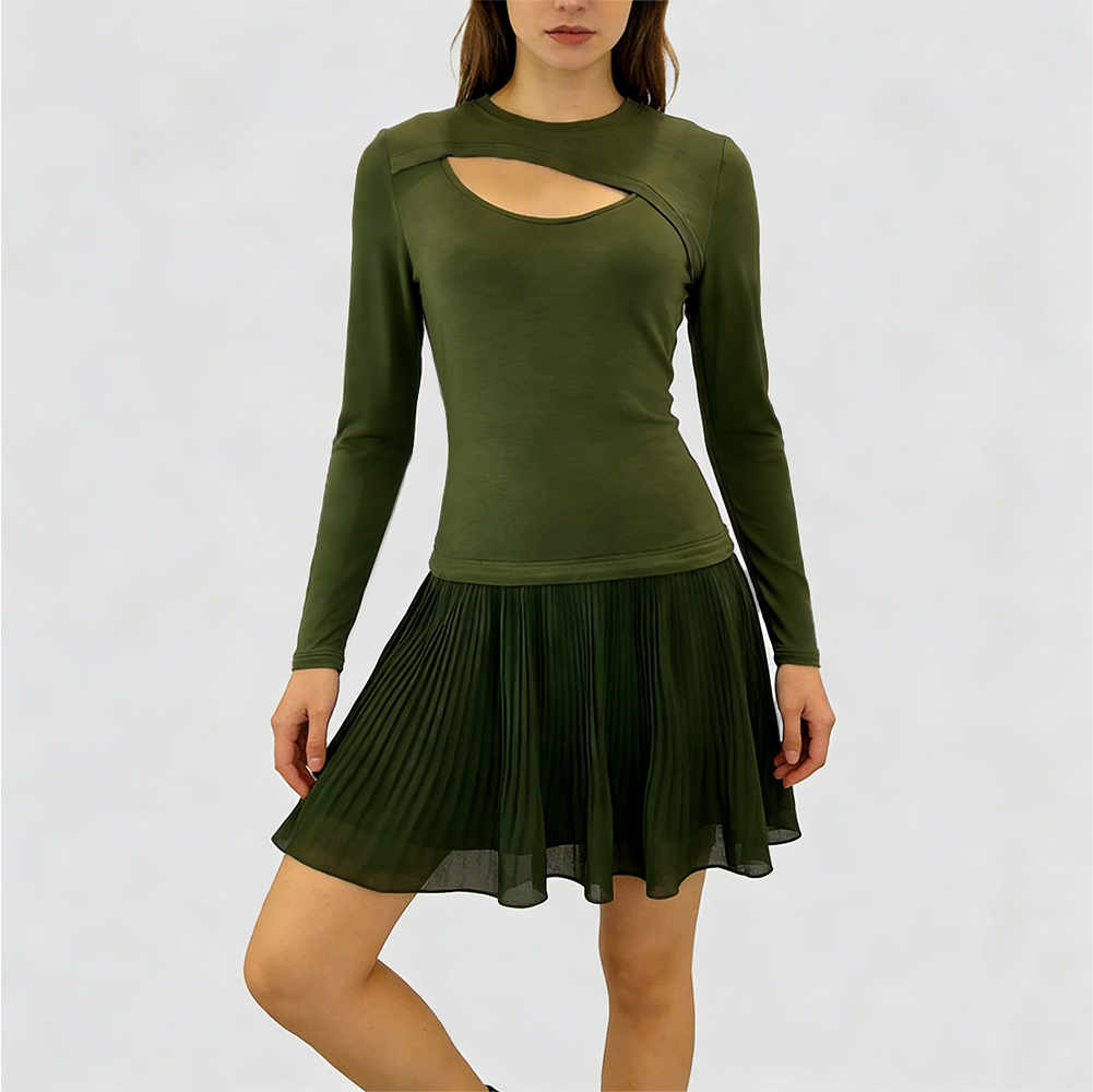 Women's fashionable chiffon pleated dress with cutout details at the chest by eprolo