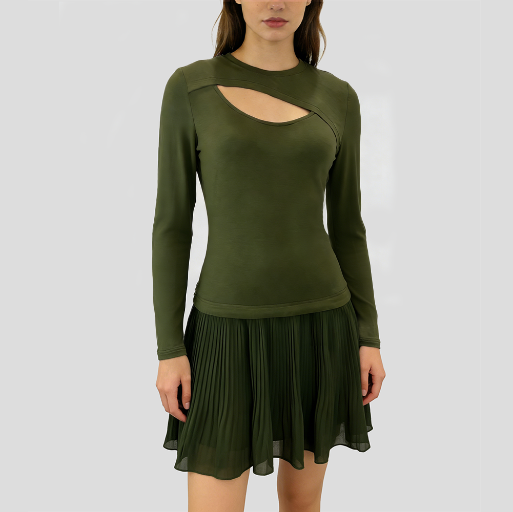 Women's fashionable chiffon pleated dress with cutout details at the chest by eprolo