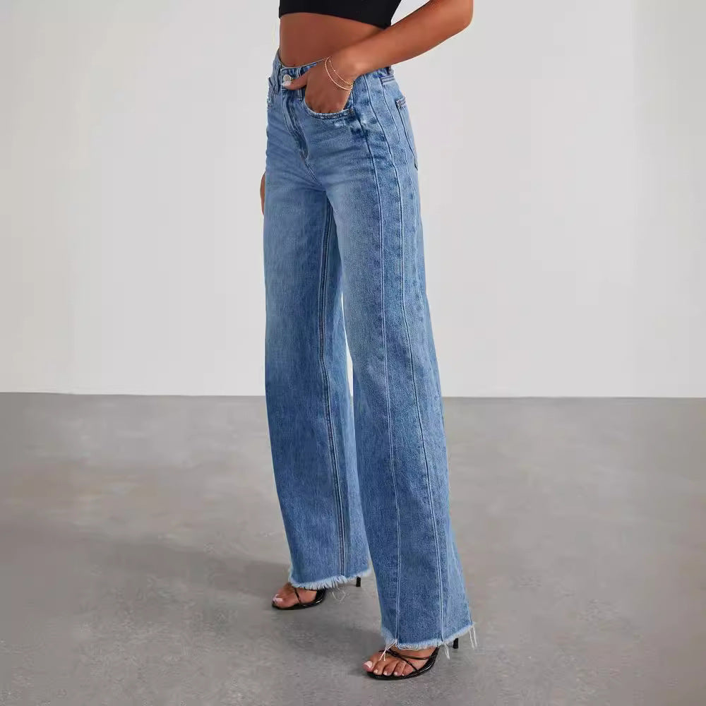 Loose wide leg side seam splicing, brushed hem denim jeans for women by eprolo