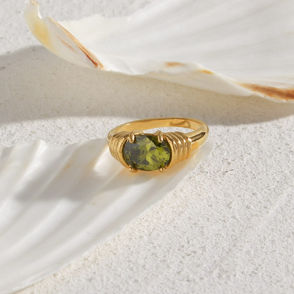 Strong Prong Setting Oval Cutt 3A Zircon Shiny Green Red Black White Stone Ring Stainless Steel 18K Gold Plated Rings For Women