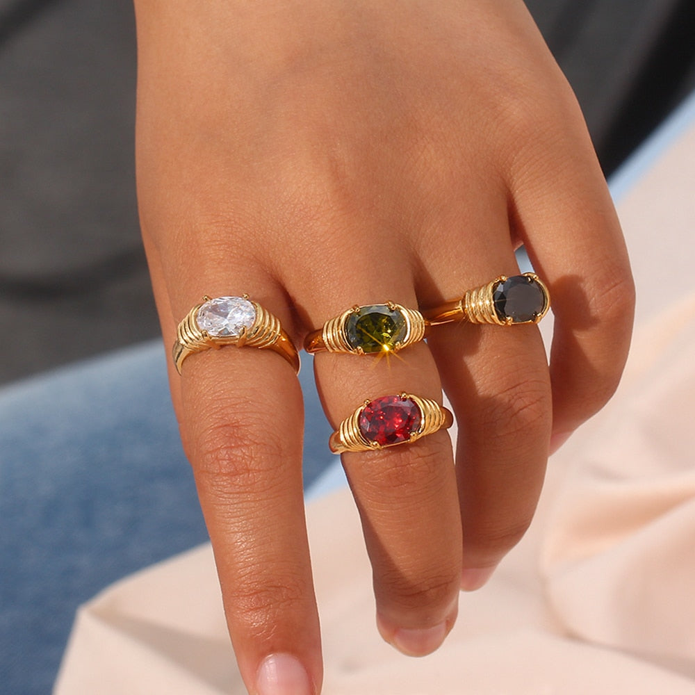 Strong Prong Setting Oval Cutt 3A Zircon Shiny Green Red Black White Stone Ring Stainless Steel 18K Gold Plated Rings For Women - Veloura