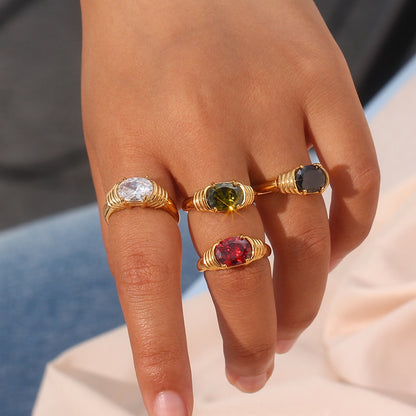 Strong Prong Setting Oval Cutt 3A Zircon Shiny Green Red Black White Stone Ring Stainless Steel 18K Gold Plated Rings For Women - Veloura