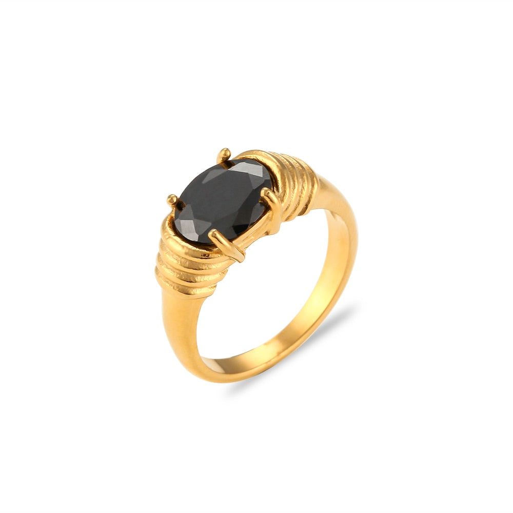 Strong Prong Setting Oval Cutt 3A Zircon Shiny Green Red Black White Stone Ring Stainless Steel 18K Gold Plated Rings For Women - Veloura