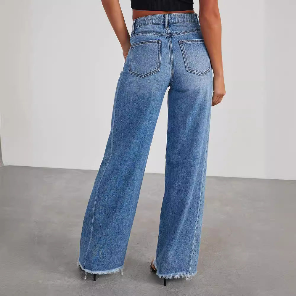 Loose wide leg side seam splicing, brushed hem denim jeans for women by eprolo