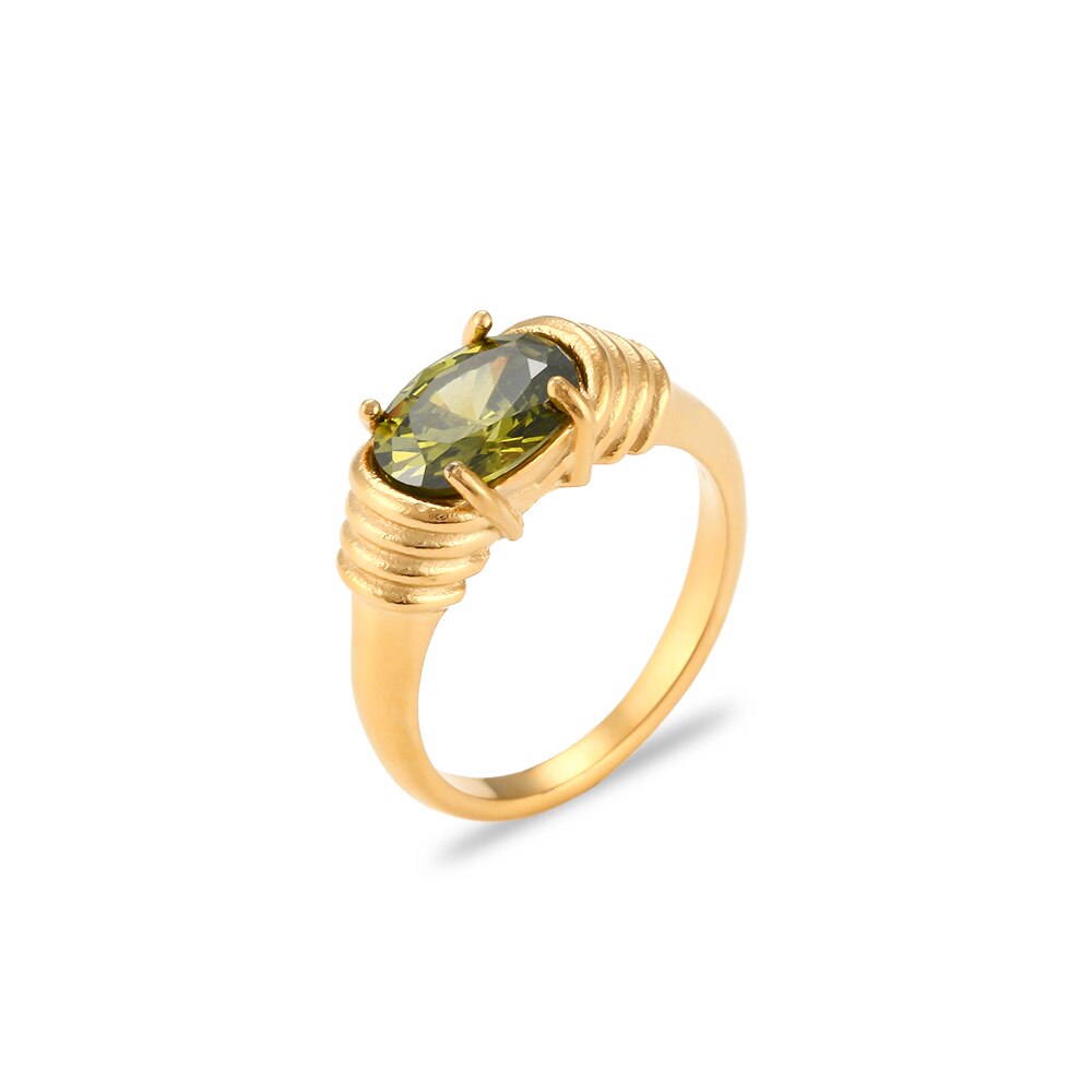Strong Prong Setting Oval Cutt 3A Zircon Shiny Green Red Black White Stone Ring Stainless Steel 18K Gold Plated Rings For Women - Veloura
