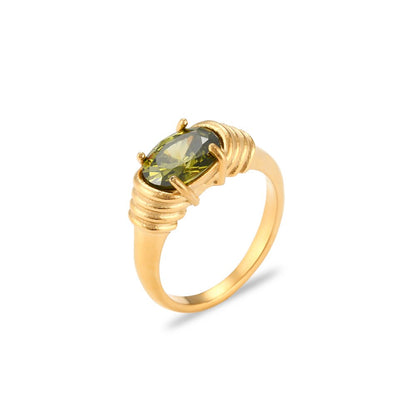Strong Prong Setting Oval Cutt 3A Zircon Shiny Green Red Black White Stone Ring Stainless Steel 18K Gold Plated Rings For Women - Veloura